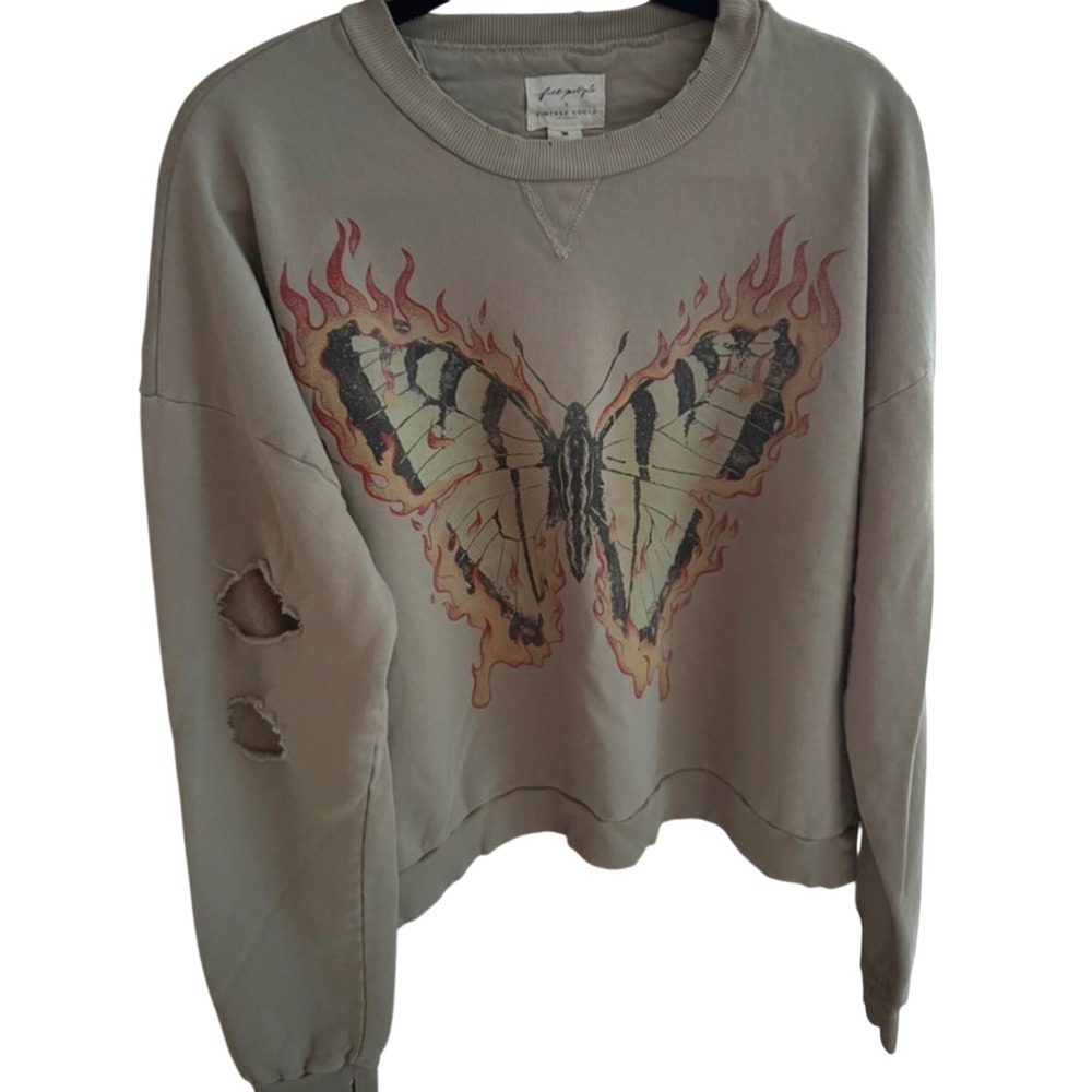 Free People x Vintage Souls Firebutterfly Pullover Sweatshirt Green Distressed - Picture 2 of 6